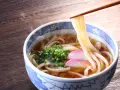 Gorący japoński makaron udon z zieloną cebulką i różowymi plastrami ryby w misce.