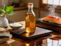 Butelka z płynnym złotem, czyli mirin, stoi obok składników do sushi. To klucz do smaku!