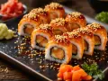 Futomaki z pieczonym łososiem, polane sosem teriyaki i posypane sezamem, prezentują się apetycznie na czarnej desce.