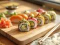 Kolorowe rolki sushi z awokado i łososiem, podane z imbirem i wasabi. Idealne nadzienie do sushi na drewnianej desce.
