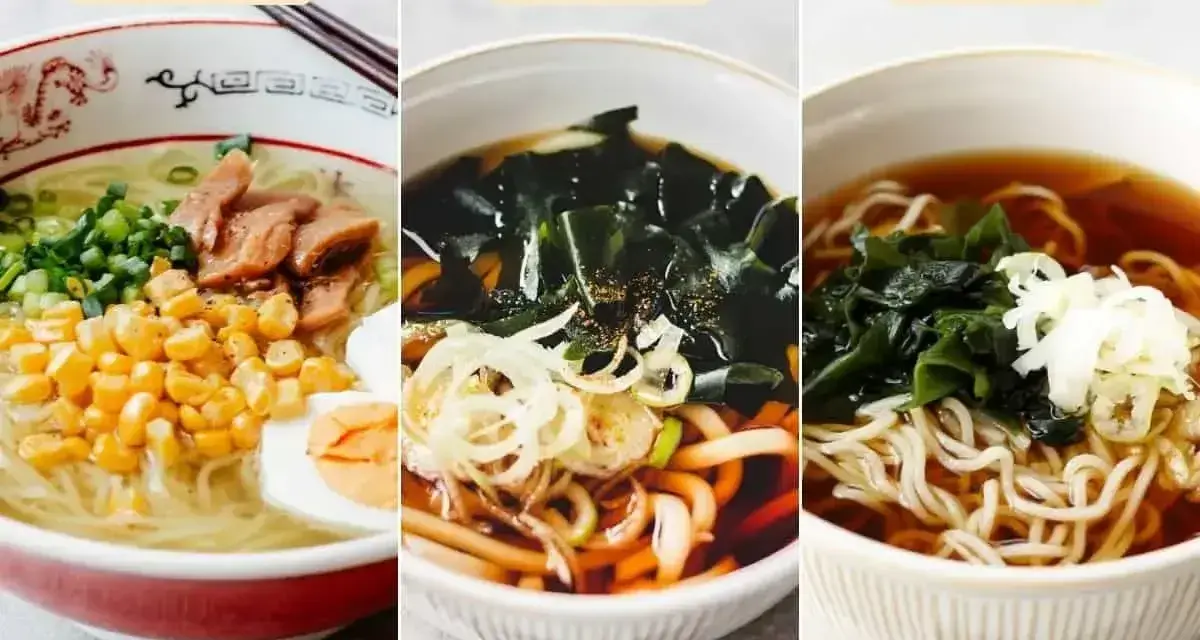 Trzy miski z japońskim makaronem: ramen z jajkiem i kukurydzą, udon z wodorostami wakame i cebulką, soba z wodorostami i szczypiorkiem.