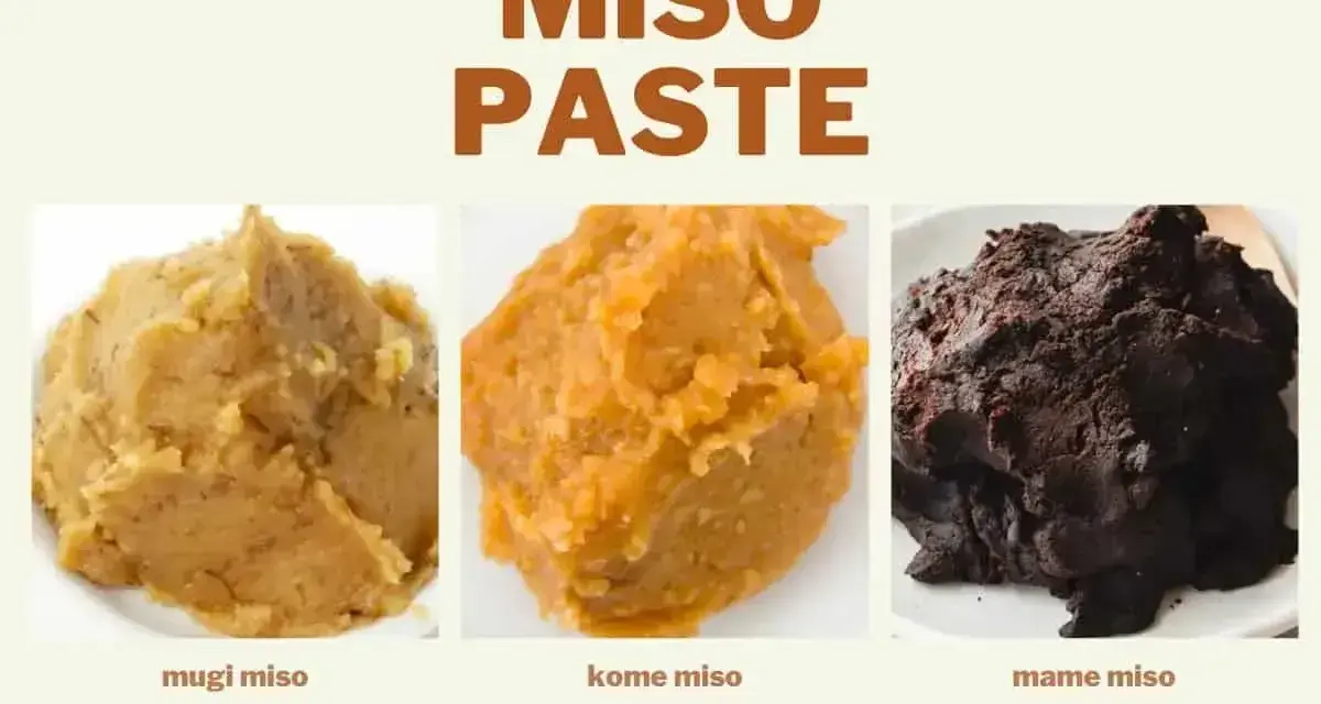 Trzy rodzaje pasty miso: mugi, kome i mame, różniące się kolorem i teksturą.