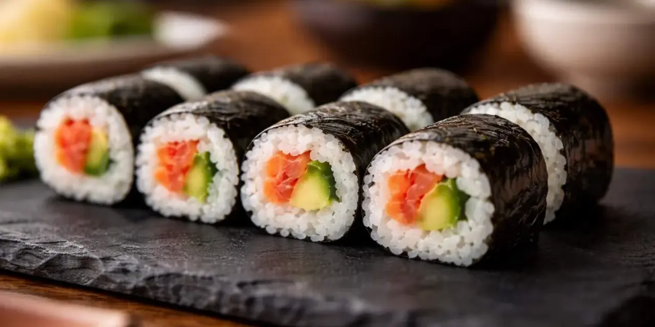 Roladki sushi z łososiem i awokado, idealne do domowych nori przepisów.