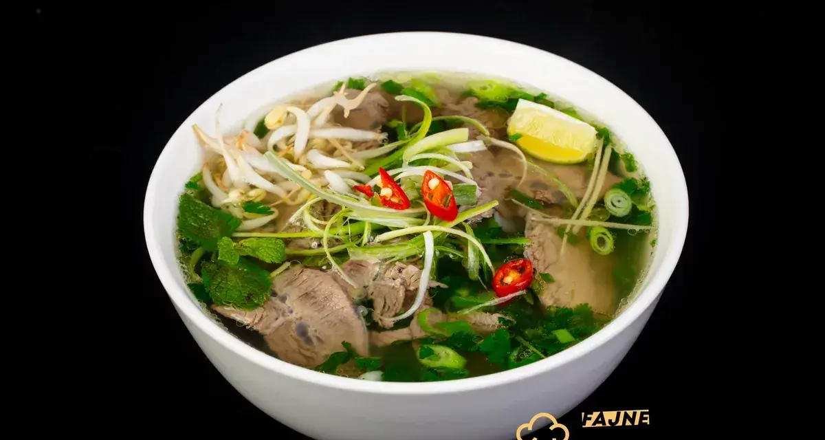 Aromatyczne zupy azjatyckie: pho z wołowiną, kiełkami, chili i limonką. Pyszne danie na czarnym tle.