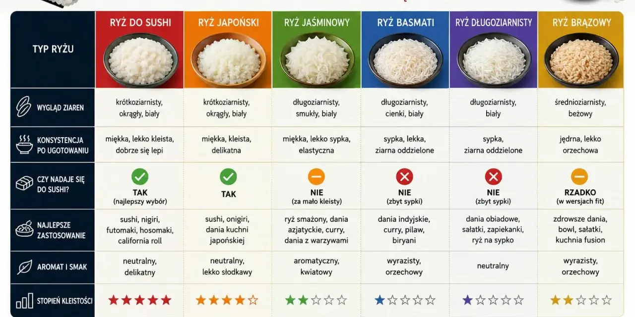 Porównanie ryżu do sushi: krótkoziarnisty jest najlepszy, bo kleisty. Dowiedz się, ile wody na szklankę ryżu dla idealnego sushi.