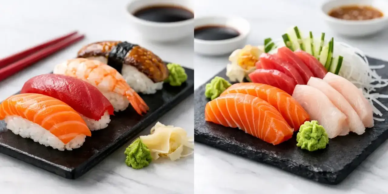 Dwa talerze z różnorodnym sushi i sashimi: łosoś, tuńczyk, krewetka, węgorz, biała ryba. Podane z wasabi i imbirem.