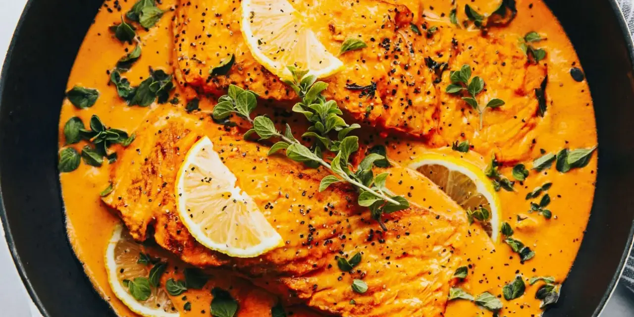 Aksamitny curry z łososiem w pomarańczowym sosie, udekorowane plasterkami cytryny i świeżymi ziołami.