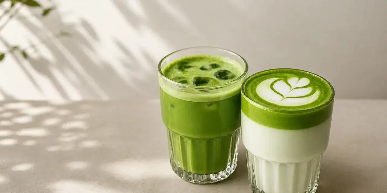 Dwa orzeźwiające napoje matcha w szklankach. Jeden to zielony napój z lodem, drugi to matcha latte z pianką w kształcie serca.