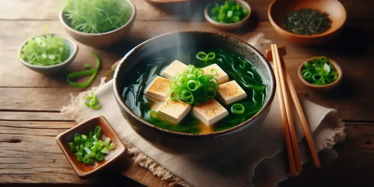 Parująca miska z aromatycznym miso tofu, zielonymi wodorostami i szczypiorkiem, gotowa do spożycia.