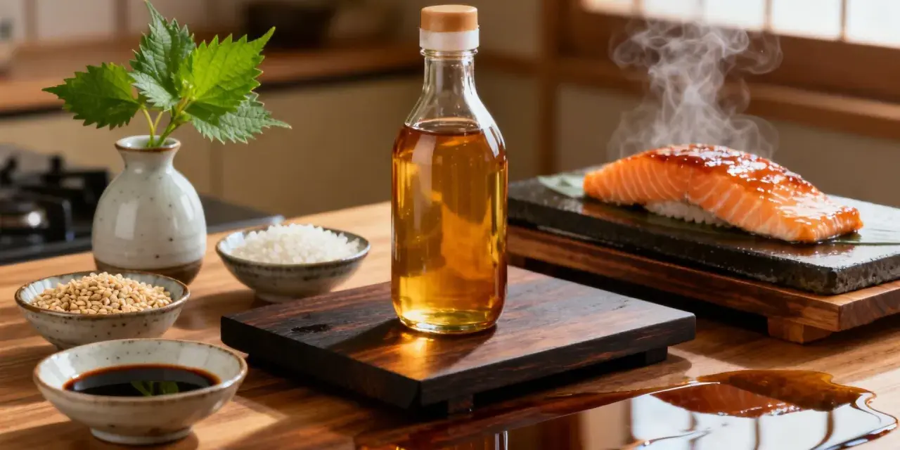 Butelka z płynnym złotem, czyli mirin, stoi obok składników do sushi. To klucz do smaku!