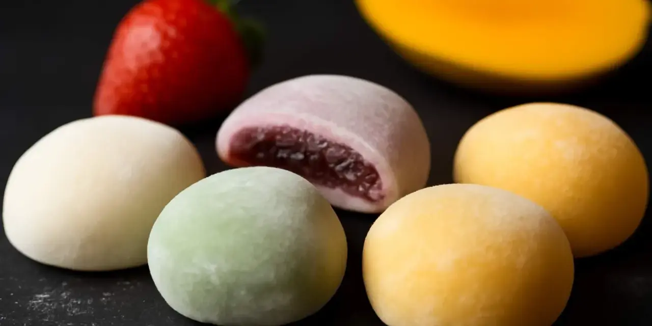 Kolorowe mochi, jak jeść? Delikatne kuleczki z nadzieniem, obok truskawka i mango.