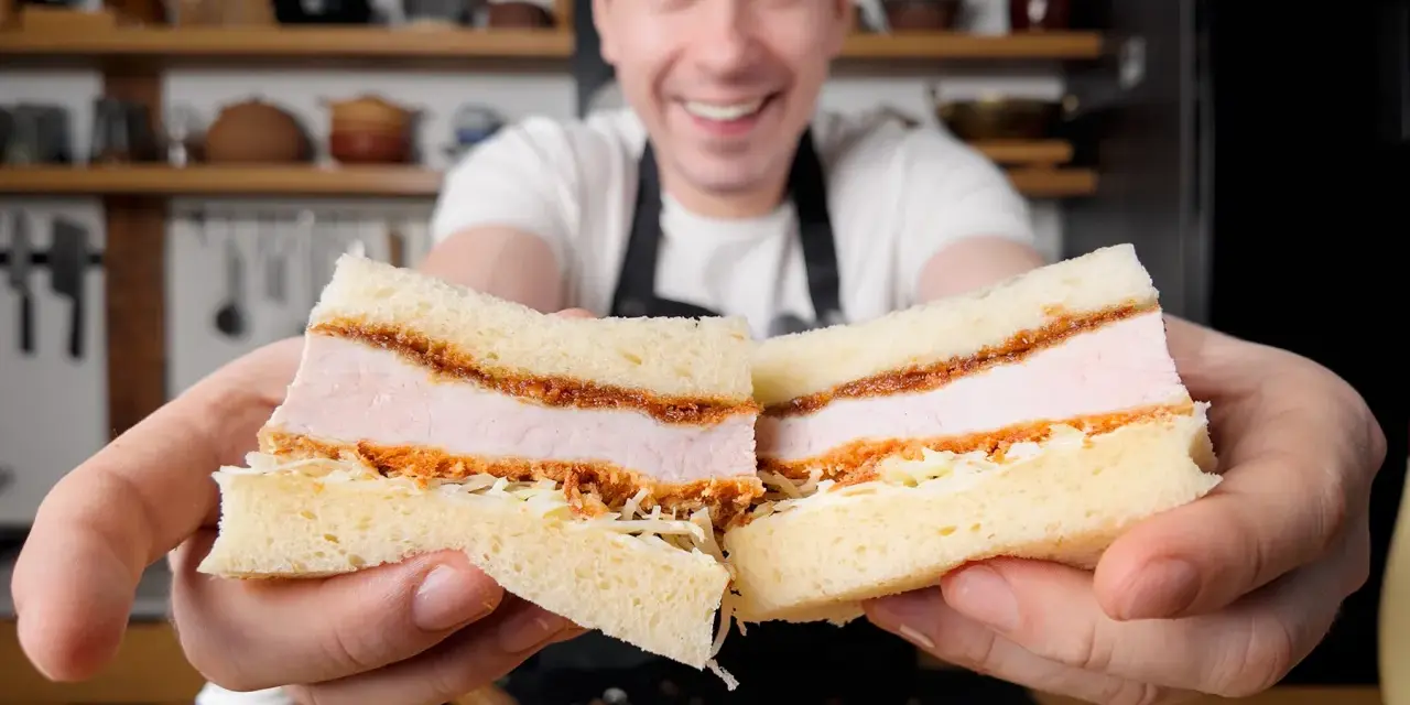 Uśmiechnięty mężczyzna prezentuje pyszne katsu sando z soczystym kotletem schabowym w panierce, delikatną kapustą i puszystym chlebem.