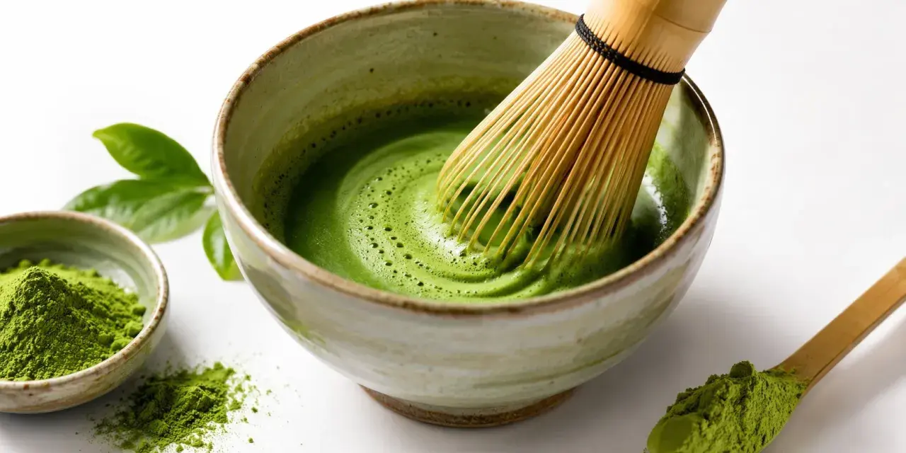 Tradycyjne matcha przygotowanie: bambusowa miotełka miesza zielony proszek z wodą w miseczce, tworząc piankę. Obok mała miseczka z proszkiem i drewniana łyżeczka.
