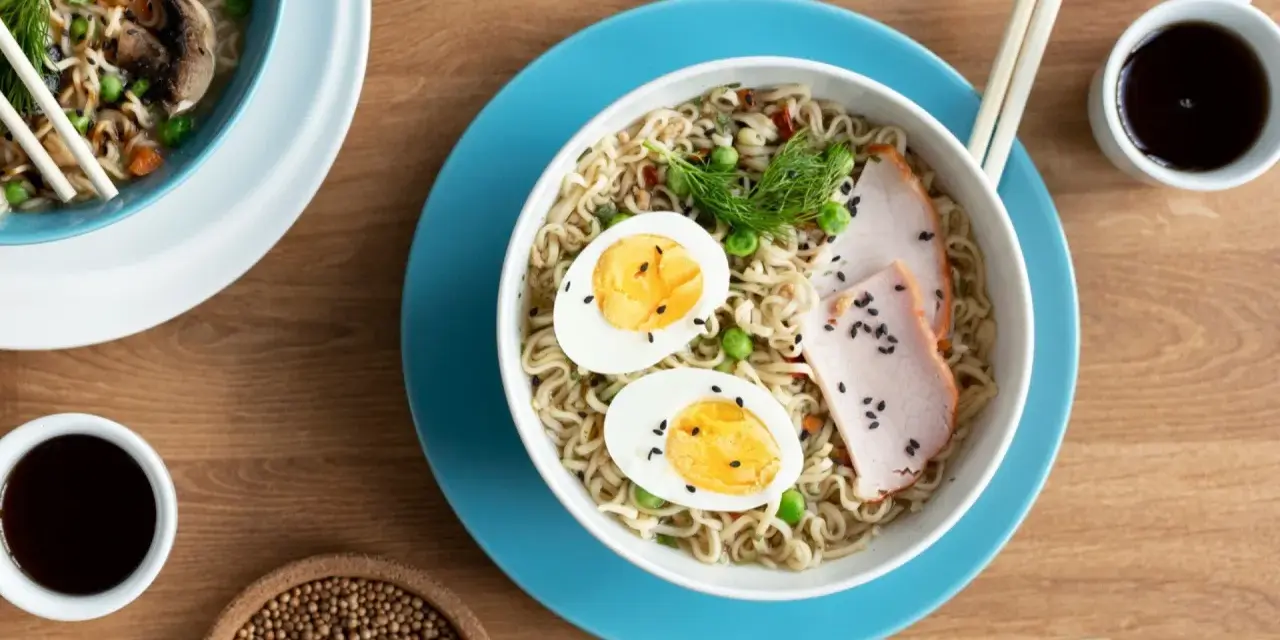 Pyszny tantanmen ramen z jajkiem, plastrami mięsa i zielonym groszkiem. Idealny na szybki, sycący posiłek.