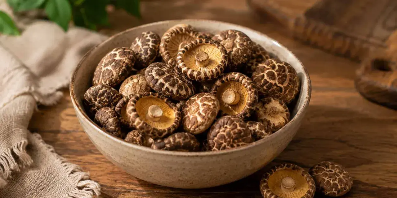 Miseczka pełna suszonych grzybów shiitake, gotowych do dodania smaku potrawom.