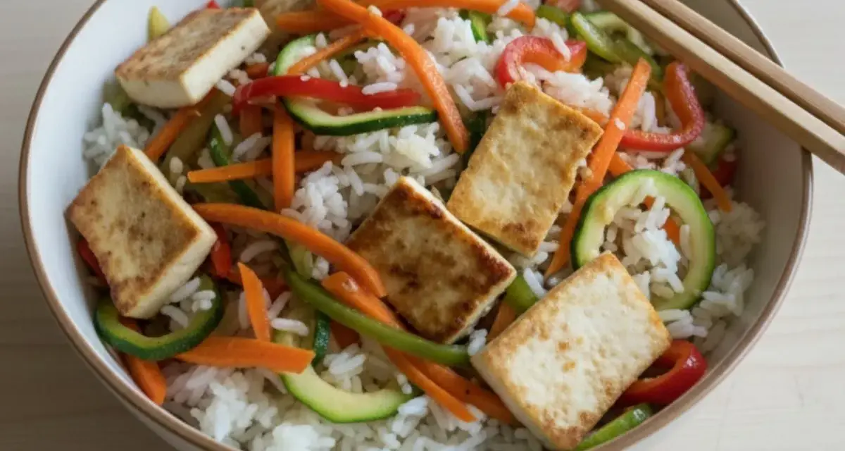 Miseczka ryżu z warzywami i tofu, obok pałeczki do sushi. Idealne danie, by nauczyć się, jak trzymać pałeczki do sushi.
