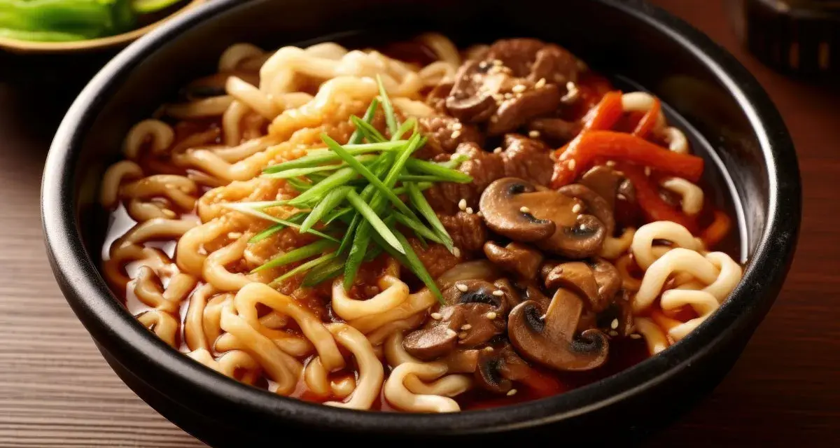 Miseczka pełna grubego makaronu udon w sosie teriyaki z kawałkami wołowiny, pieczarkami i szczypiorkiem.