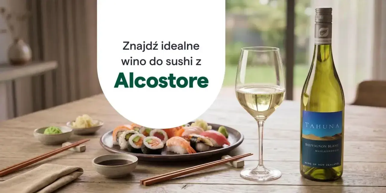 Idealny alkohol do sushi: białe wino Sauvignon Blanc z Nowej Zelandii, podane z kieliszkiem i butelką, obok talerza sushi.