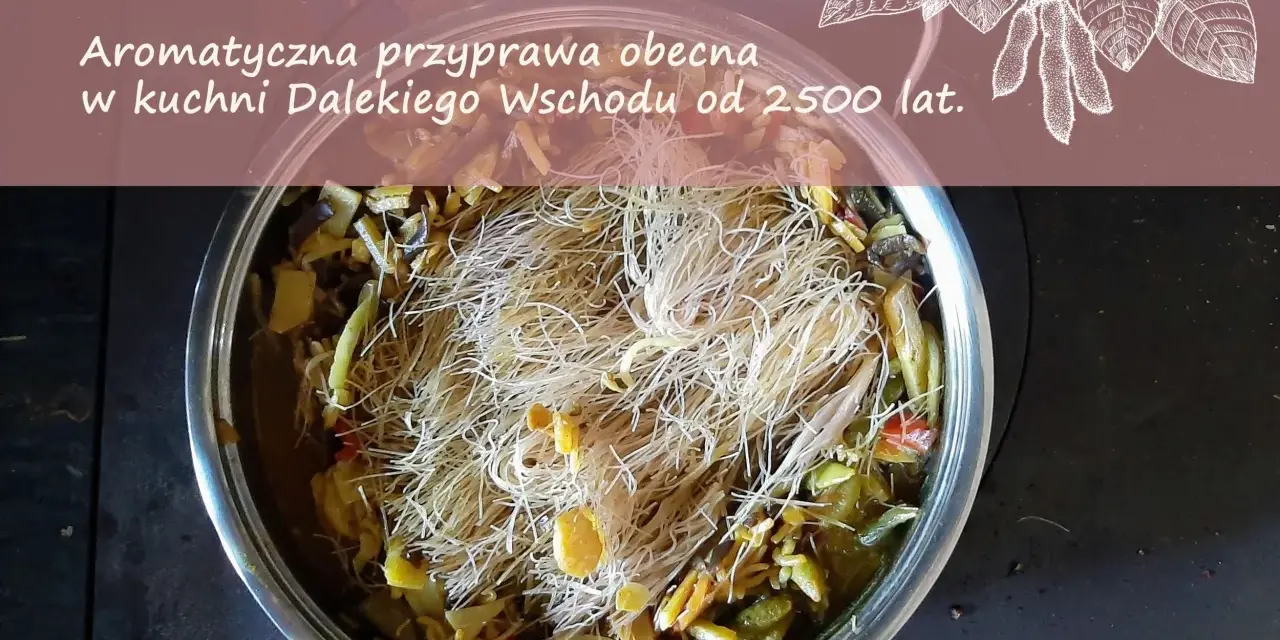 Garnek z daniem z makaronem i warzywami, ozdobiony rysunkiem liści soi.