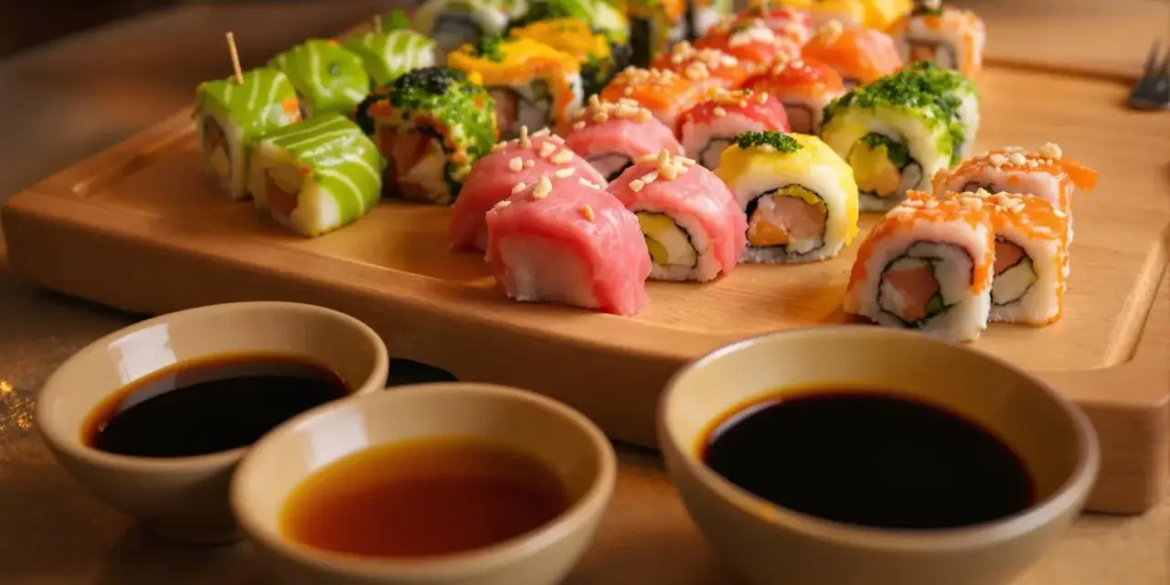 Kolorowe rolki sushi na desce, gotowe do zanurzenia w aromatycznych sosach.