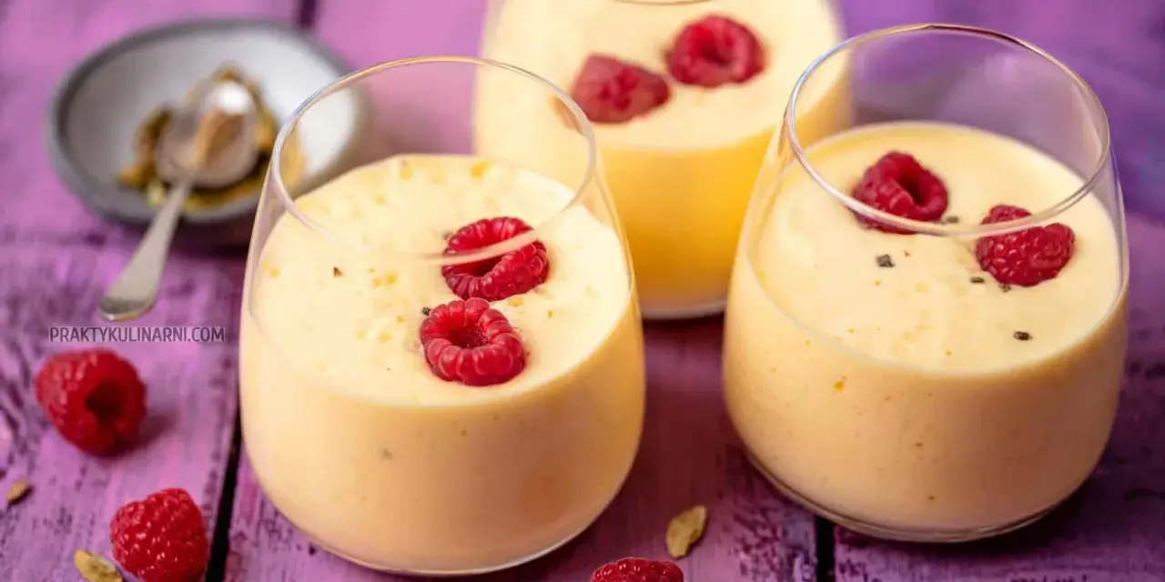Pyszny jogurt z mango, udekorowany malinami i kardamonem, kusi swoim tropikalnym smakiem.