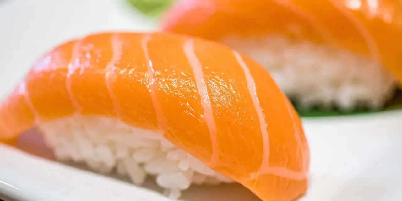 Nigiri co to? Dwa kawałki sushi z łososiem na ryżu, z bliska.