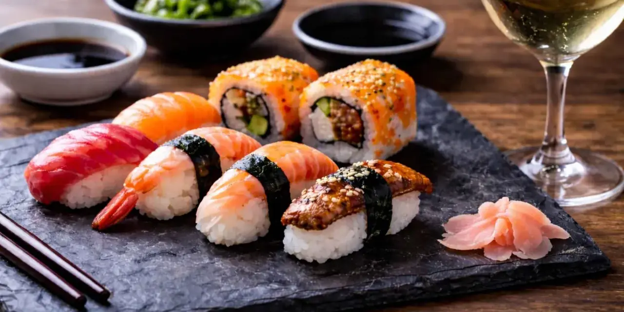 Wyśmienite japońskie picie i sushi: nigiri z łososiem, krewetką, tuńczykiem i węgorzem, rolki z ikrą, sos sojowy, wasabi i marynowany imbir.