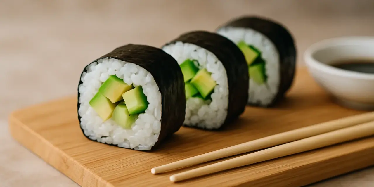 Linia świeżego sushi z awokado na drewnianej desce, obok sosu sojowego i pałeczek.