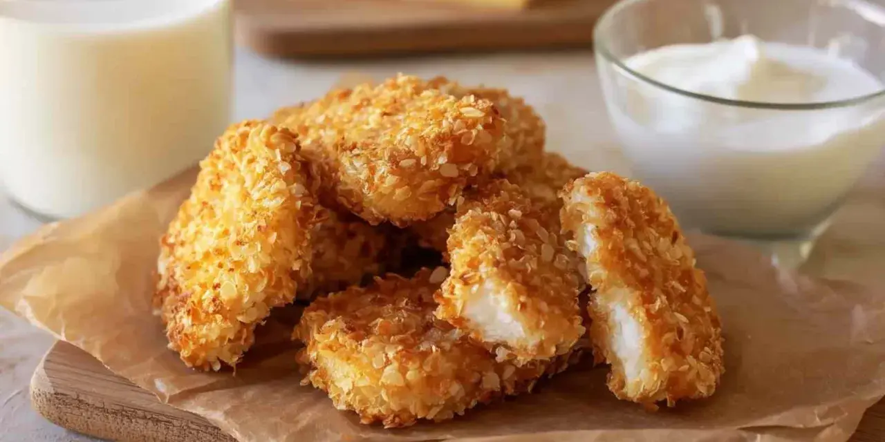 Chrupiące nuggetsy w panko z piekarnika, idealne do maczania w sosie. Obok szklanka mleka i miseczka jogurtu.