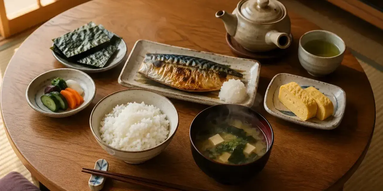 Japońska kultura jedzenia: ryż, grillowana makrela, zupa miso, tamagoyaki, nori i marynowane warzywa.