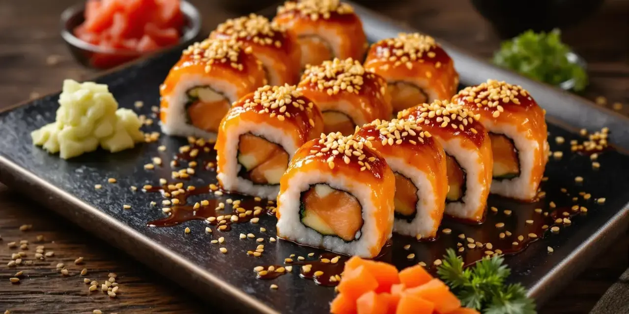 Futomaki z pieczonym łososiem, polane sosem teriyaki i posypane sezamem, prezentują się apetycznie na czarnej desce.