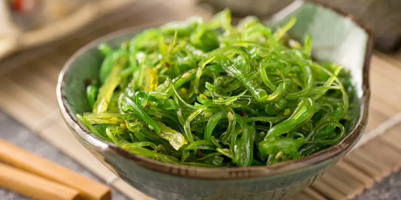 Miseczka zielonej sałatki z wodorostów wakame, idealna do sushi. Prosty wakame przepis na zdrową przekąskę.
