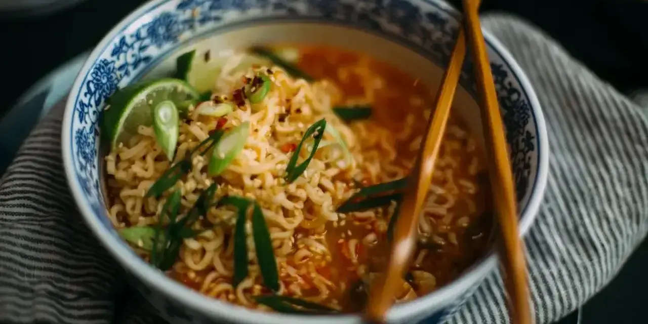 Aksamitny makaron lau thai w misce z niebieskimi zdobieniami, udekorowany szczypiorkiem, chili i limonką.