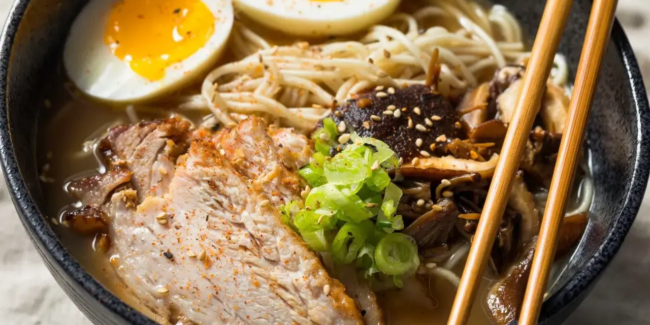 Miseczka aromatycznego ramenu z plastrami mięsa, jajkiem na pół i grzybami. Idealny ramen na szybko, by zaspokoić głód.