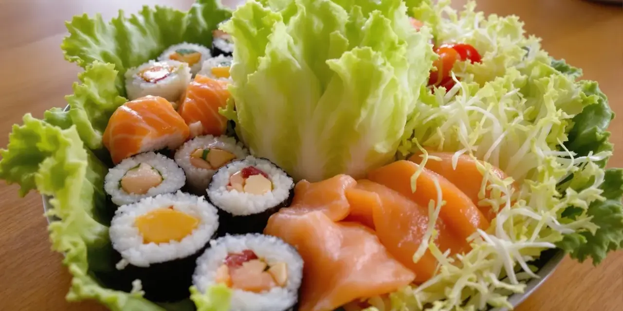 Talerz sushi z łososiem i warzywami. Jaka sałata do sushi? Ta chrupiąca, zielona sałata lodowa stanowi idealną bazę.