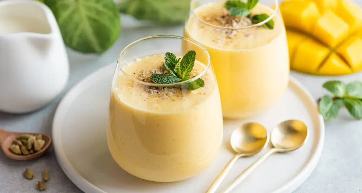 Dwa pyszne mango lassi z pulpy, udekorowane miętą i kardamonem, obok świeżego mango.