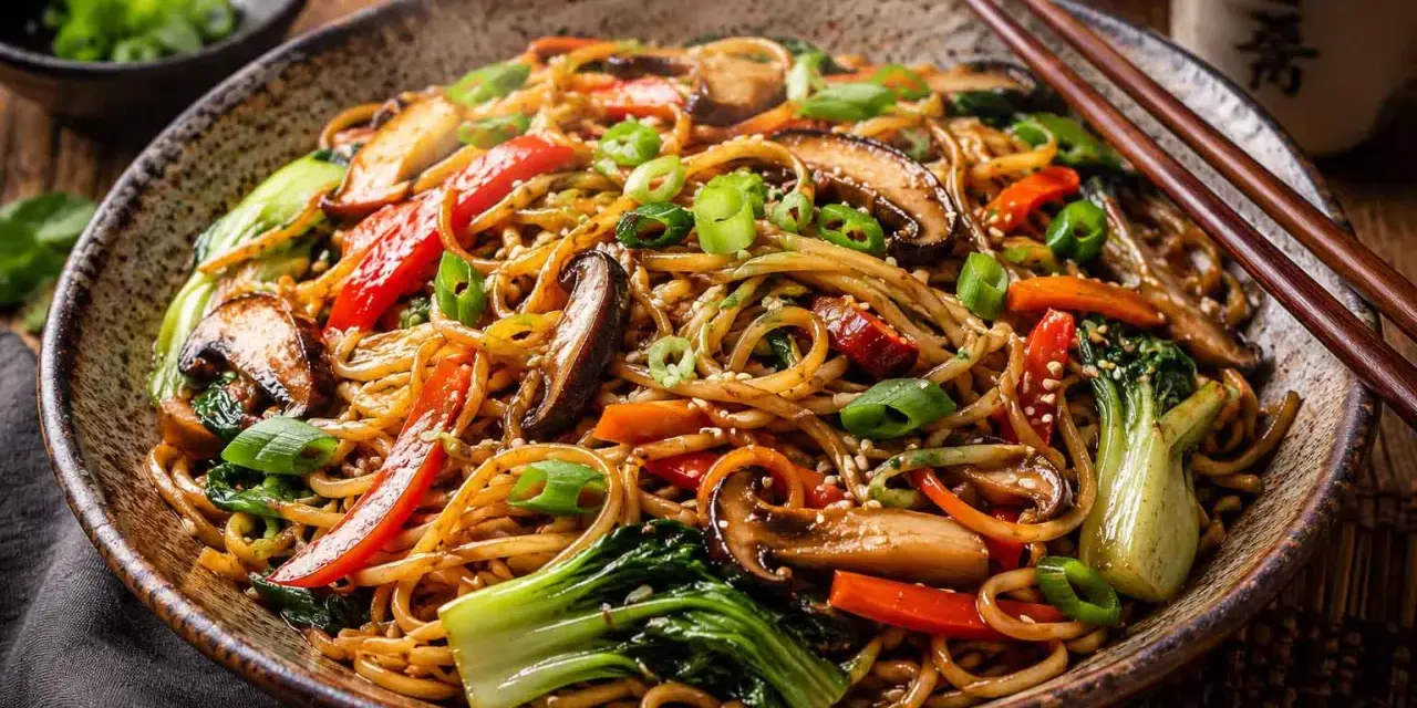Makarony azjatyckie rodzaje: pyszne danie z makaronem, grzybami shiitake, papryką, bok choy i szczypiorkiem, posypane sezamem.