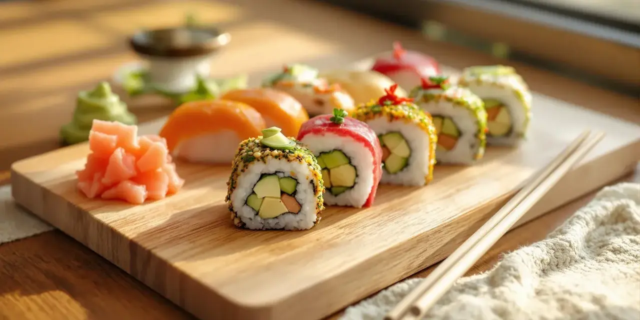 Kolorowe rolki sushi z awokado i łososiem, podane z imbirem i wasabi. Idealne nadzienie do sushi na drewnianej desce.