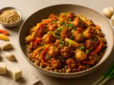 Miseczka z daniem z kuleczek w sosie, warzywami i kaszą. Czy tofu ma gluten? Nie, czyste tofu jest bezglutenowe.