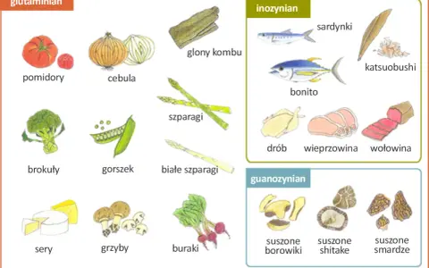 Ilustracja pokazuje produkty bogate w glutaminian, inozynian i guanozynian, które nadają potrawom smak umami.