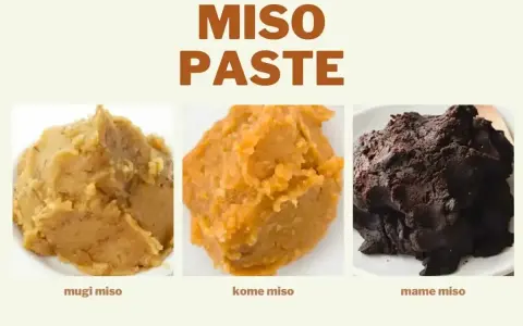 Trzy rodzaje pasty miso: mugi, kome i mame, różniące się kolorem i teksturą.