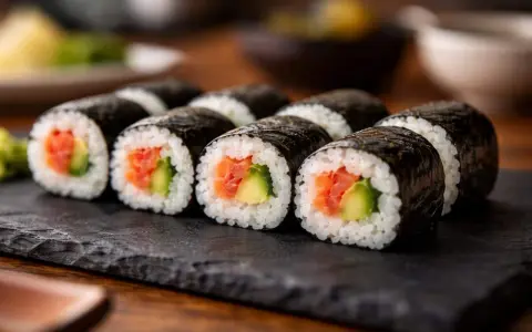 Roladki sushi z łososiem i awokado, idealne do domowych nori przepisów.
