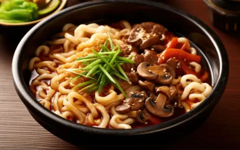 Gęsty, aromatyczny curry udon z wołowiną, grzybami i szczypiorkiem. Pyszne danie w czarnej misce.