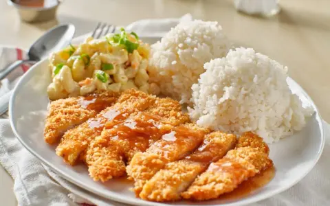 Chrupiący kurczak w panko polany sosem, podany z ryżem i sałatką makaronową. Pyszny obiad!
