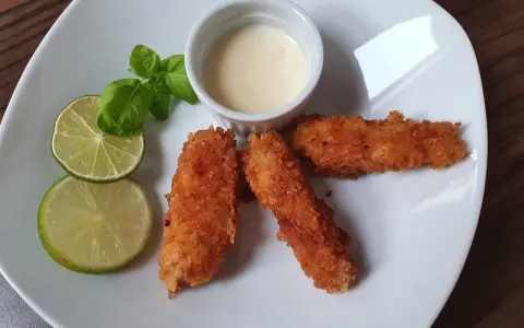 Chrupiąca ryba w panko, podana z sosem i limonką, wygląda apetycznie.