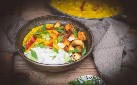 Aksamitne mango curry z ryżem, chrupiącym tofu i świeżą bazylią. Danie prezentuje się apetycznie.