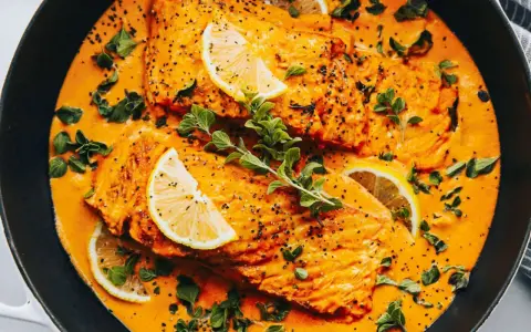 Aksamitny curry z łososiem w pomarańczowym sosie, udekorowane plasterkami cytryny i świeżymi ziołami.