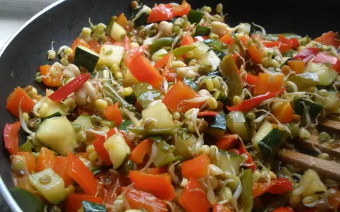 Kolorowe warzywa z kiełkami w woku, gotowe do podania jako pyszne kiełki stir fry.