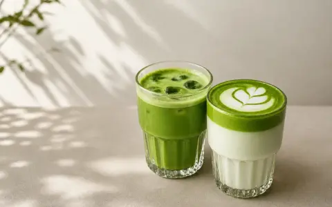 Dwa orzeźwiające napoje matcha w szklankach. Jeden to zielony napój z lodem, drugi to matcha latte z pianką w kształcie serca.