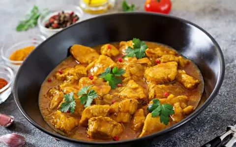 Aksamitny kurczak w sosie curry, jedno z popularnych potraw kuchni azjatyckiej, ozdobiony natką pietruszki i różowym pieprzem.